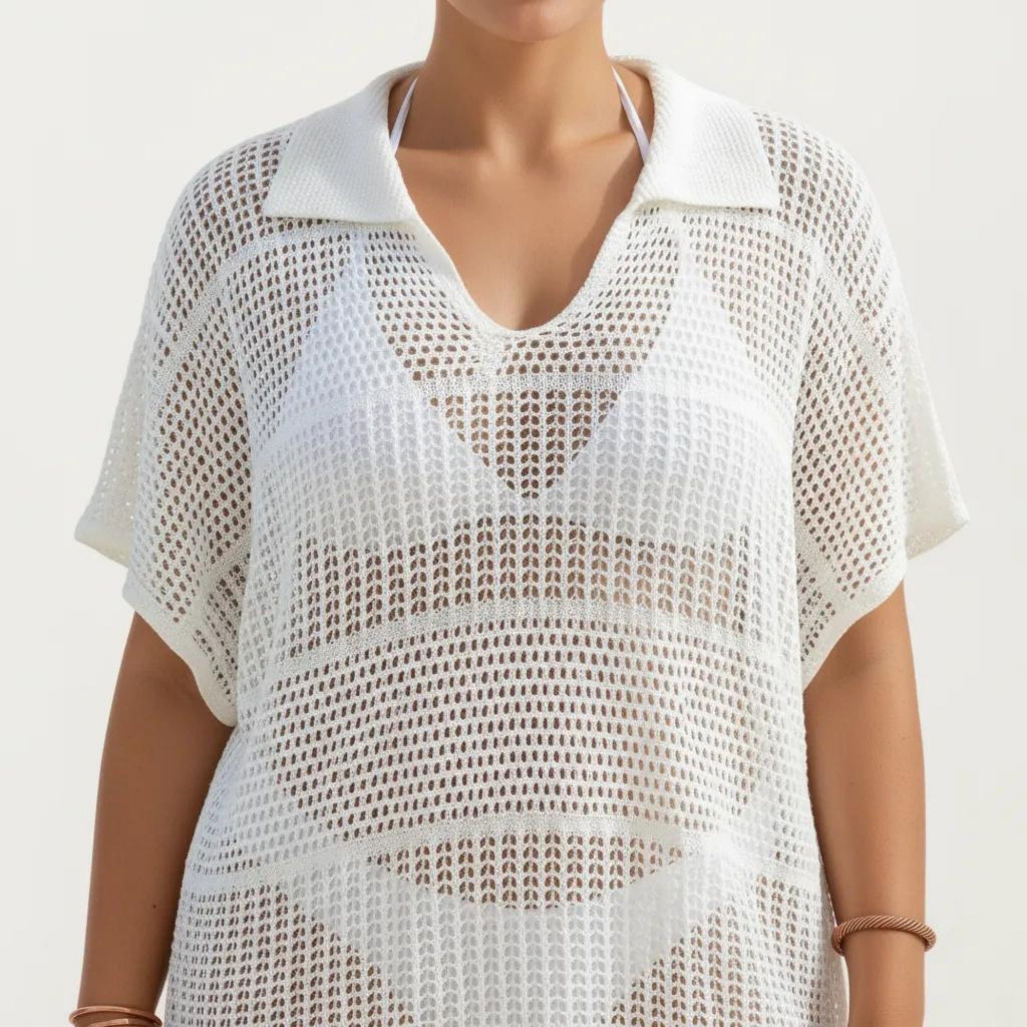 Anna-Kaci Women's Mesh Swim Cover Up Dress with Open Knit Design Collared Neckline Short Sleeves Relaxed Fit
