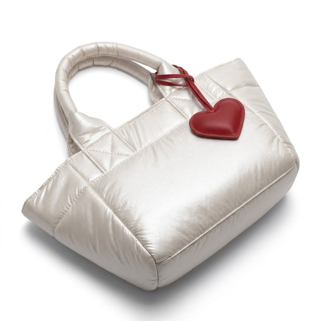 Padded Puffer Tote Bag with Rounded Top Handles and Exterior Front Pocket 13x6.5x4in