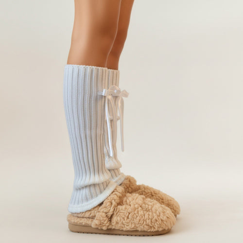 Anna-Kaci 2pcs Women's Ribbed Knit Leg Warmers with Decorative Ribbon Bow Detail Soft Stretch Fit for Cozy Feminine Layered Styling