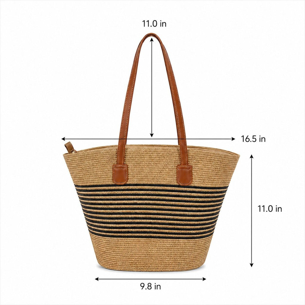 Striped Woven Straw Tote Bag Large Capacity Zip Top Shoulder Carryall Handbag