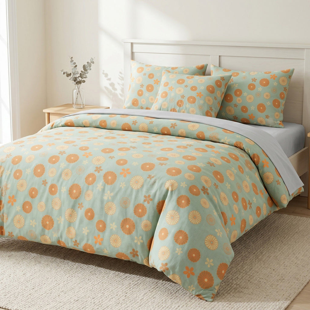 4-Piece Cotton Bedding Set with Floral Pattern Duvet Cover, Pillowcases, and Flat Sheet