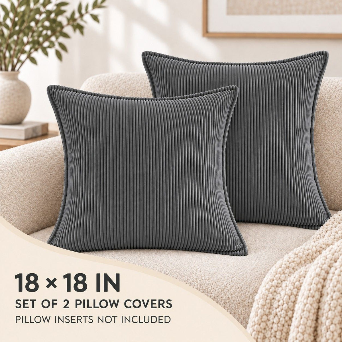 2 Pack Soft Ribbed Corduroy Throw Pillow Covers 18 x 18 Inch Solid Color