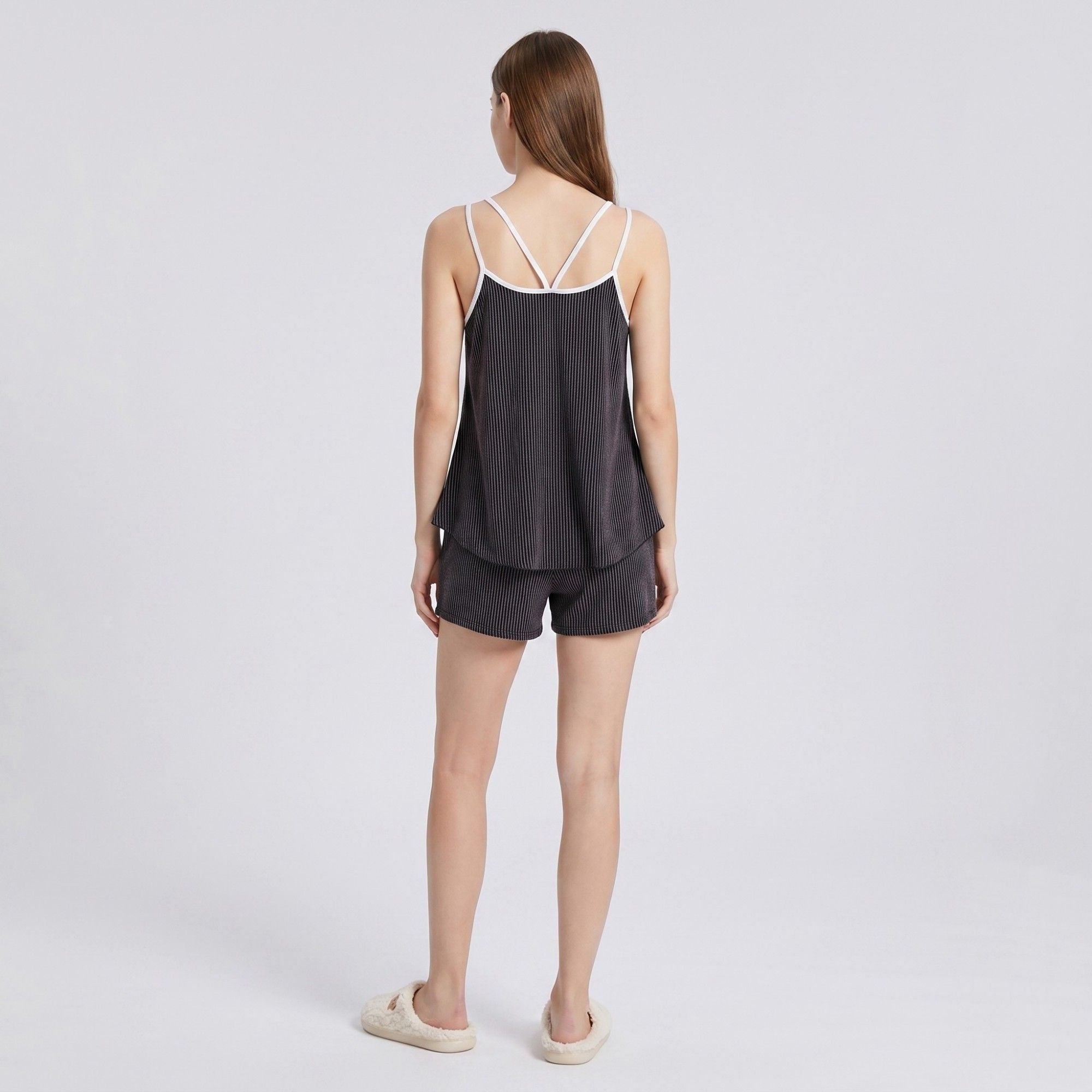 Anna-Kaci Women's 2-Piece Set Waffle Knit Cami Top and Shorts with Contrast Trim Cross Back Straps