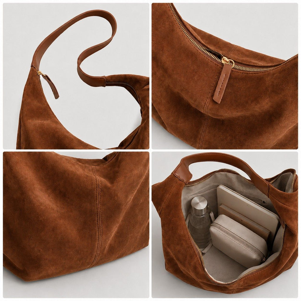 Slouchy Faux Suede Hobo Shoulder Bag with Zip Closure and Wide Strap