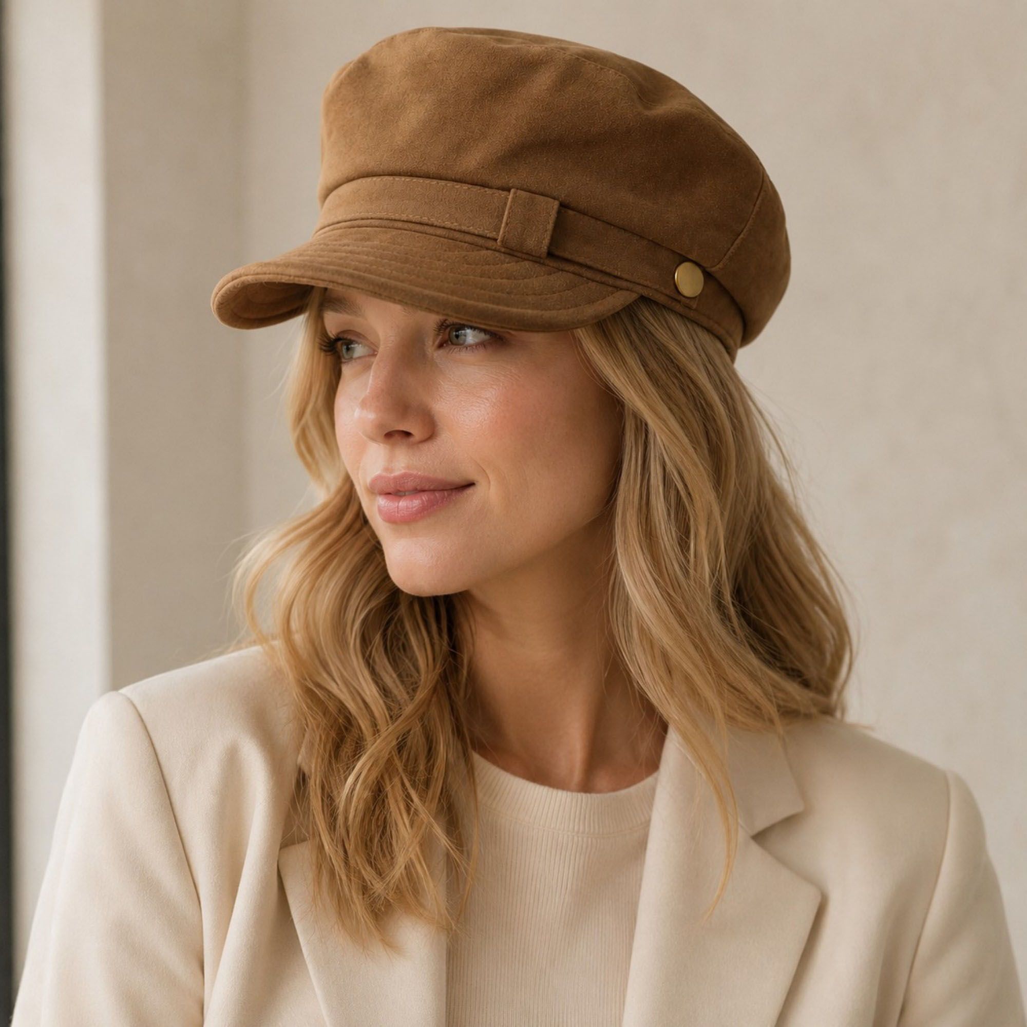 Soft Textured Newsboy Cap with Metal Button and Short Brim