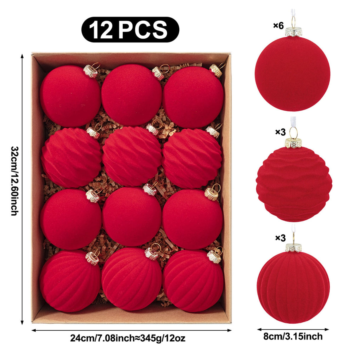 12ct Flocked Christmas Ball Ornament Set 3.15 Inch Holiday Tree Decorations