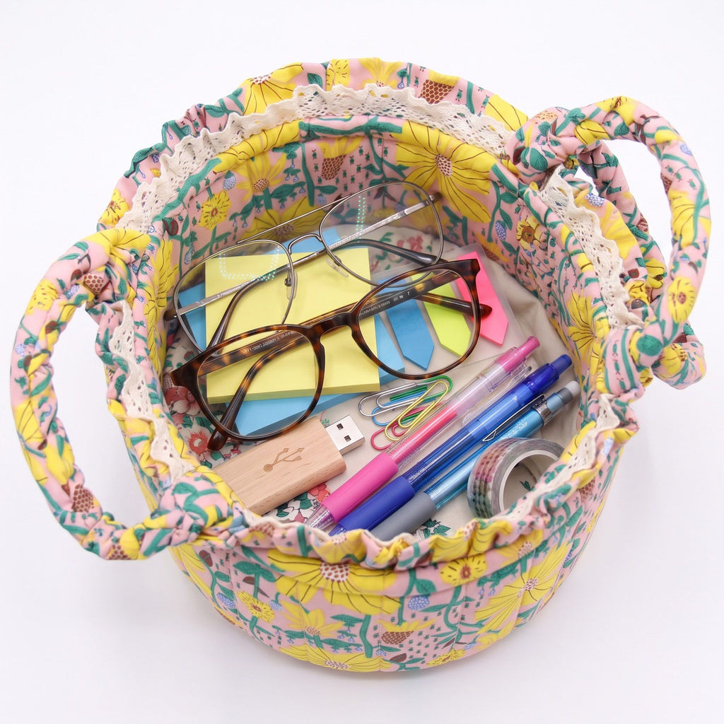 Floral Quilted Fabric Storage Basket with Carry Handles