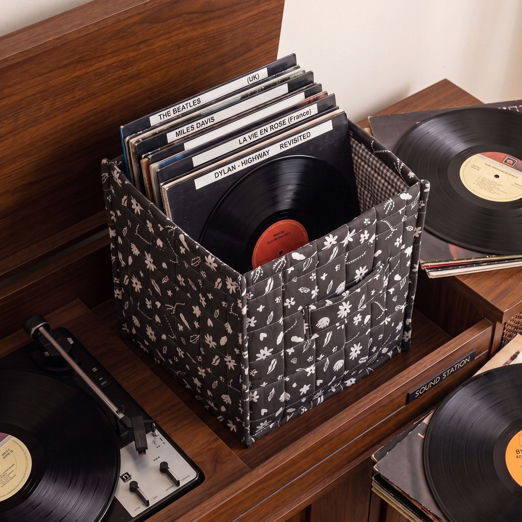 Quilted Floral Storage Cube Bin with Side Handle 11.4 Inch