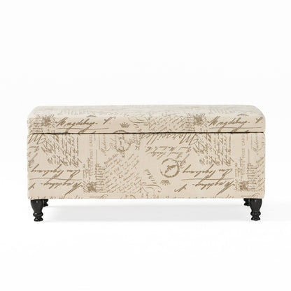 Alilang 42.00 inches Vintage-Inspired Printed Script Storage Ottoman with Hinged Lid and Wooden Legs