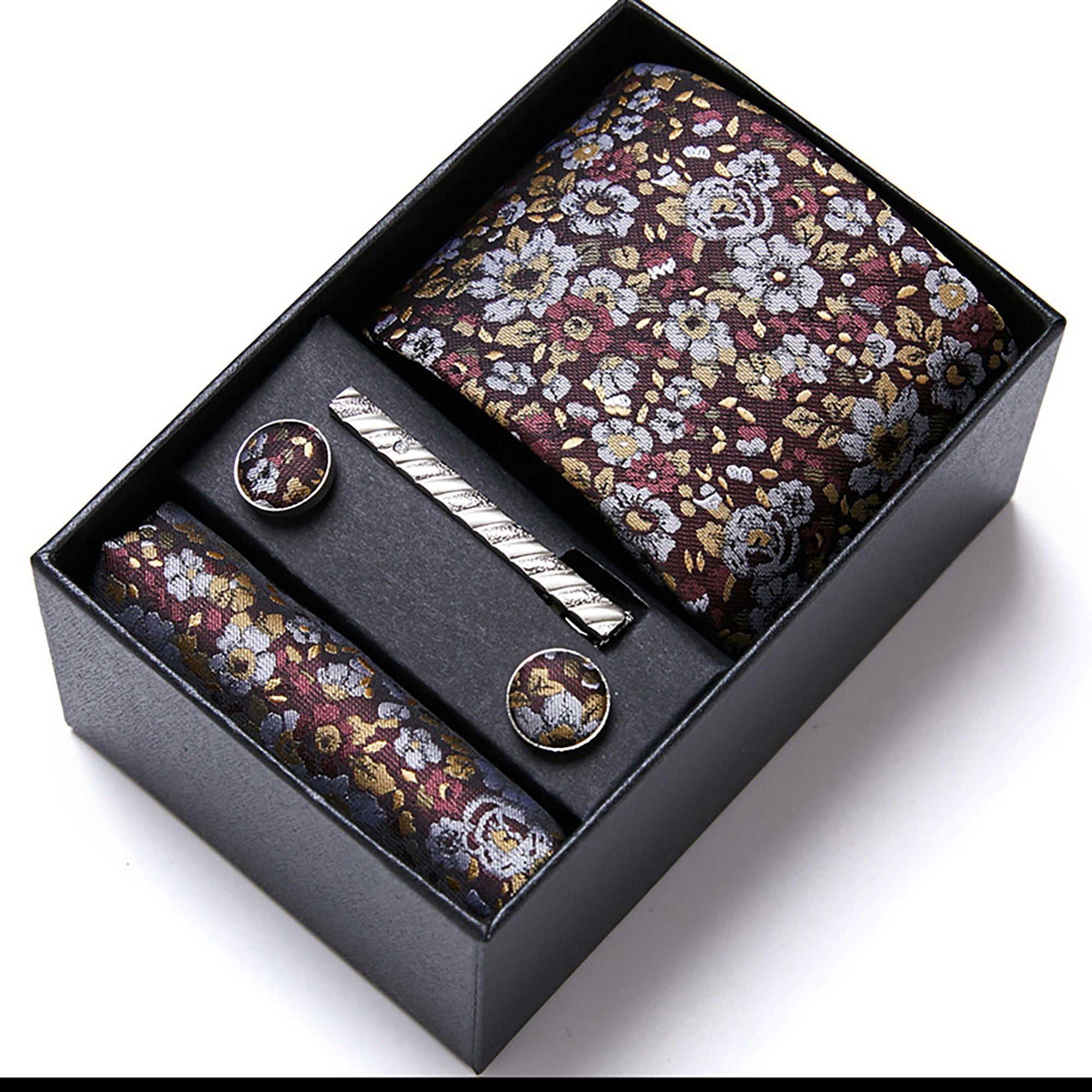 Men's Floral Pattern Tie Gift Set with Matching Pocket Square Cufflinks and Silver Tie Clip