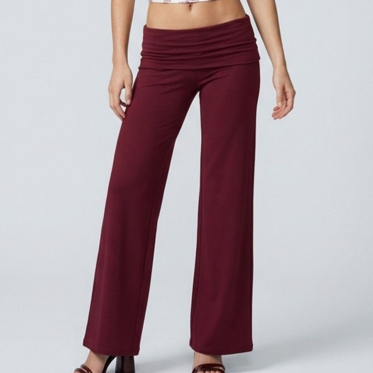 Foldover Waistband Full-Length Wide-Leg Trousers