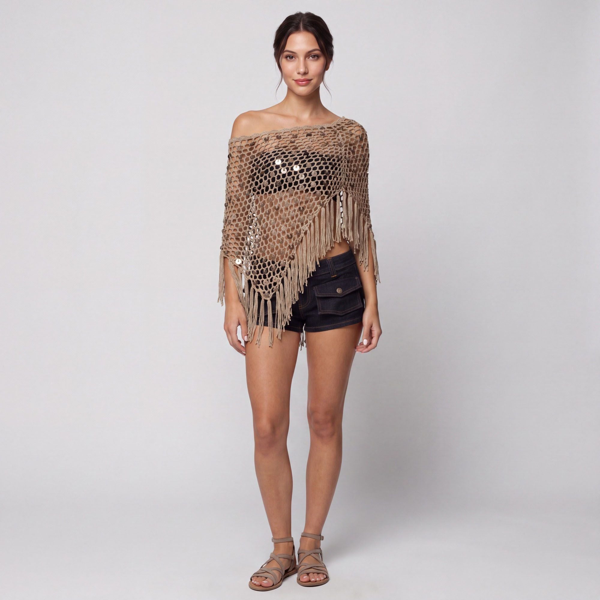 Open Knit Sequin Fringe Asymmetrical Poncho Shawl Cover Up with Draped One Shoulder Styling
