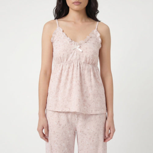 2-Piece Floral Ruffle Cami Top and Wide Leg Pants Sleepwear Lounge Set with Bow Detail and Relaxed Fit