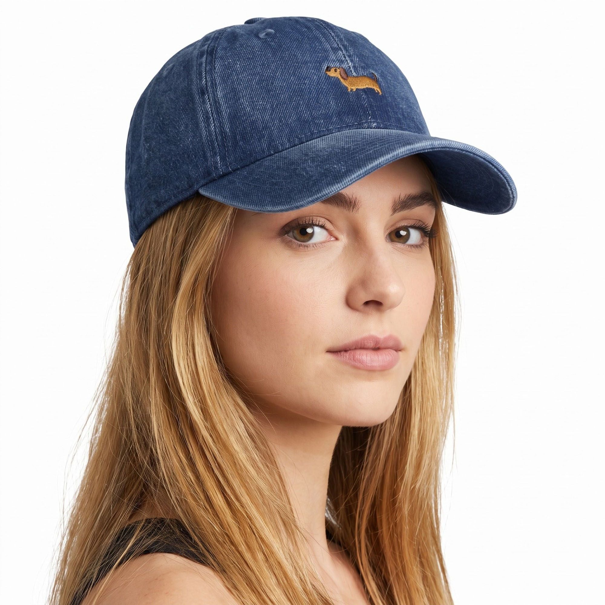 Embroidered Dachshund Baseball Cap Washed Curved Brim Casual Hat