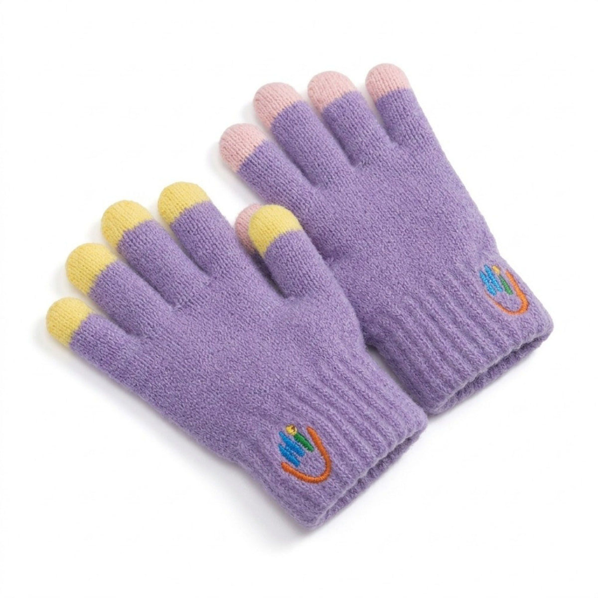 Kids Knit Gloves with Contrast Fingertips and Embroidered Detail 5.3 x 2.5in
