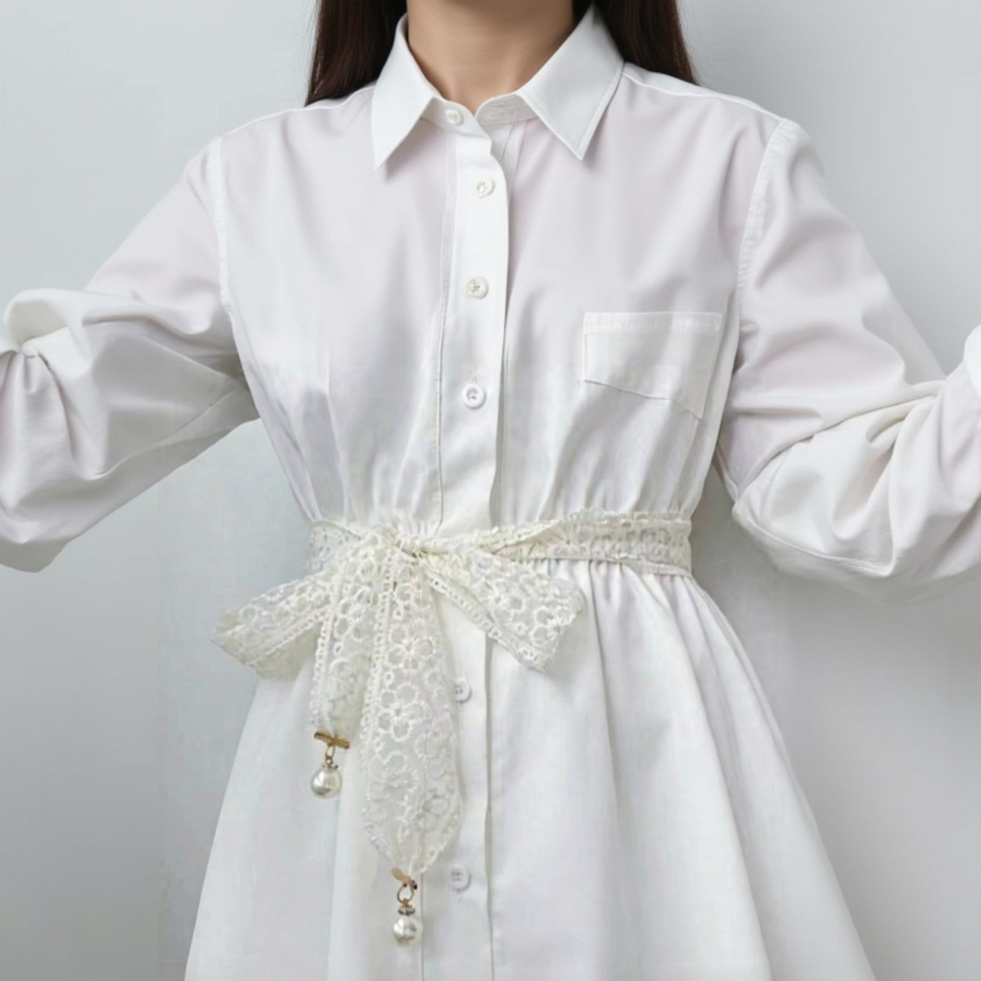 Anna-Kaci Women's Floral Lace Ribbon Belt with Oversized Bow and Pearl Drop Details 59in