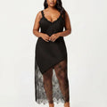 Anna-Kaci Lounge Women's Plus Size Lace Trim Slip Dress Asymmetrical Hem Sheer Mesh Nightgown Sleepwear