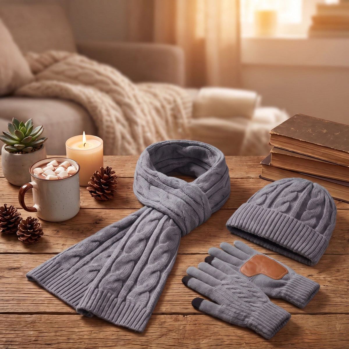 3 Piece Cable Knit Beanie Scarf and Touchscreen Gloves Set