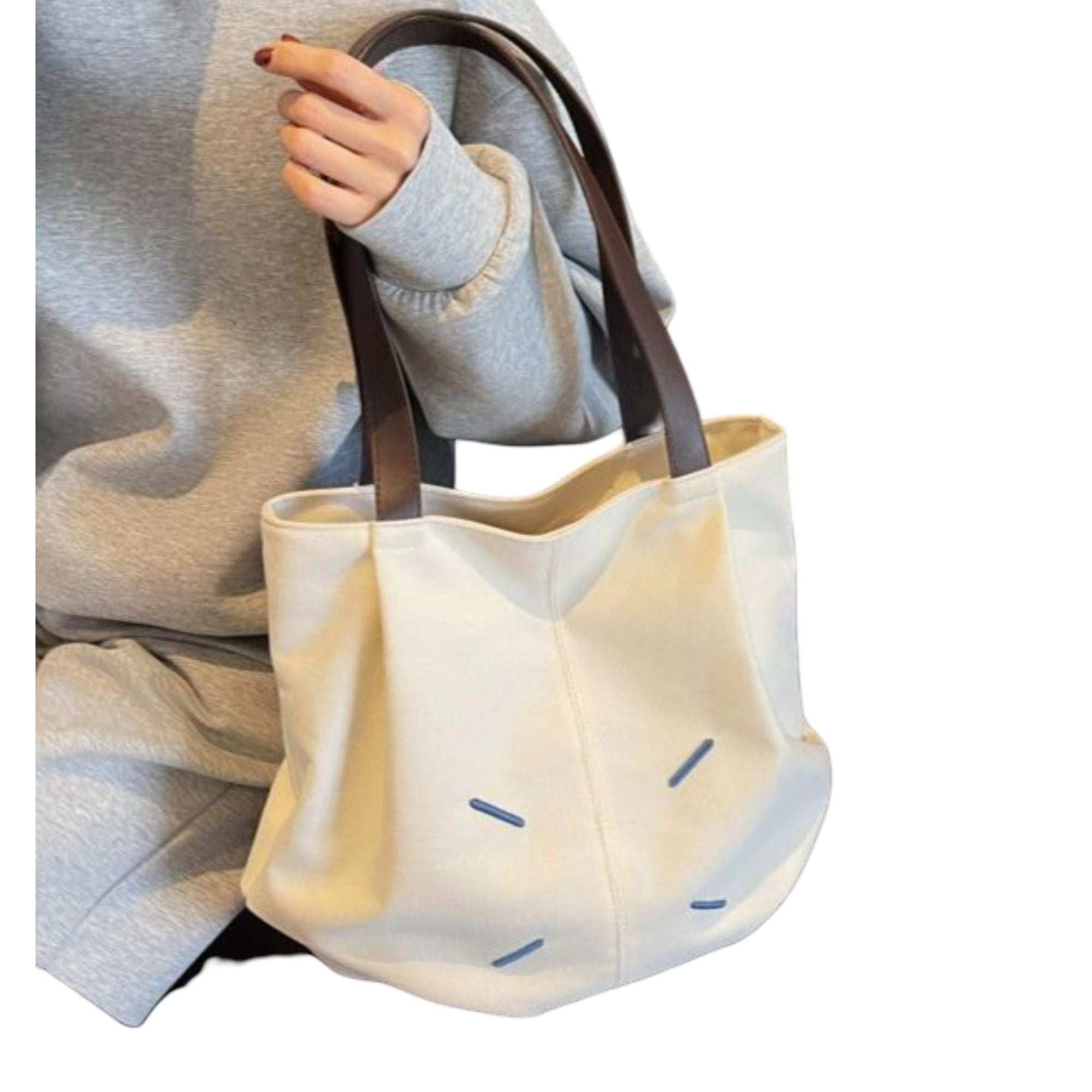 Canvas Tote Bag with Contrast Handles and Decorative Stitch Detail