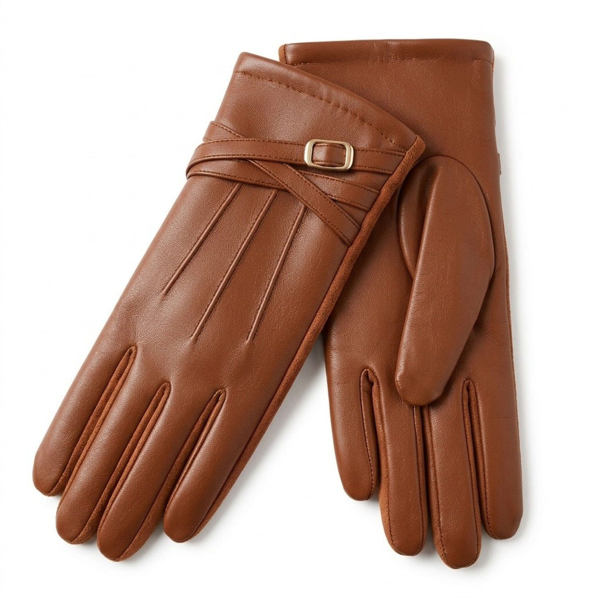 Faux Leather Winter Gloves with Crisscross Wrist Strap and Full Finger Design 9.4 x 3.3in