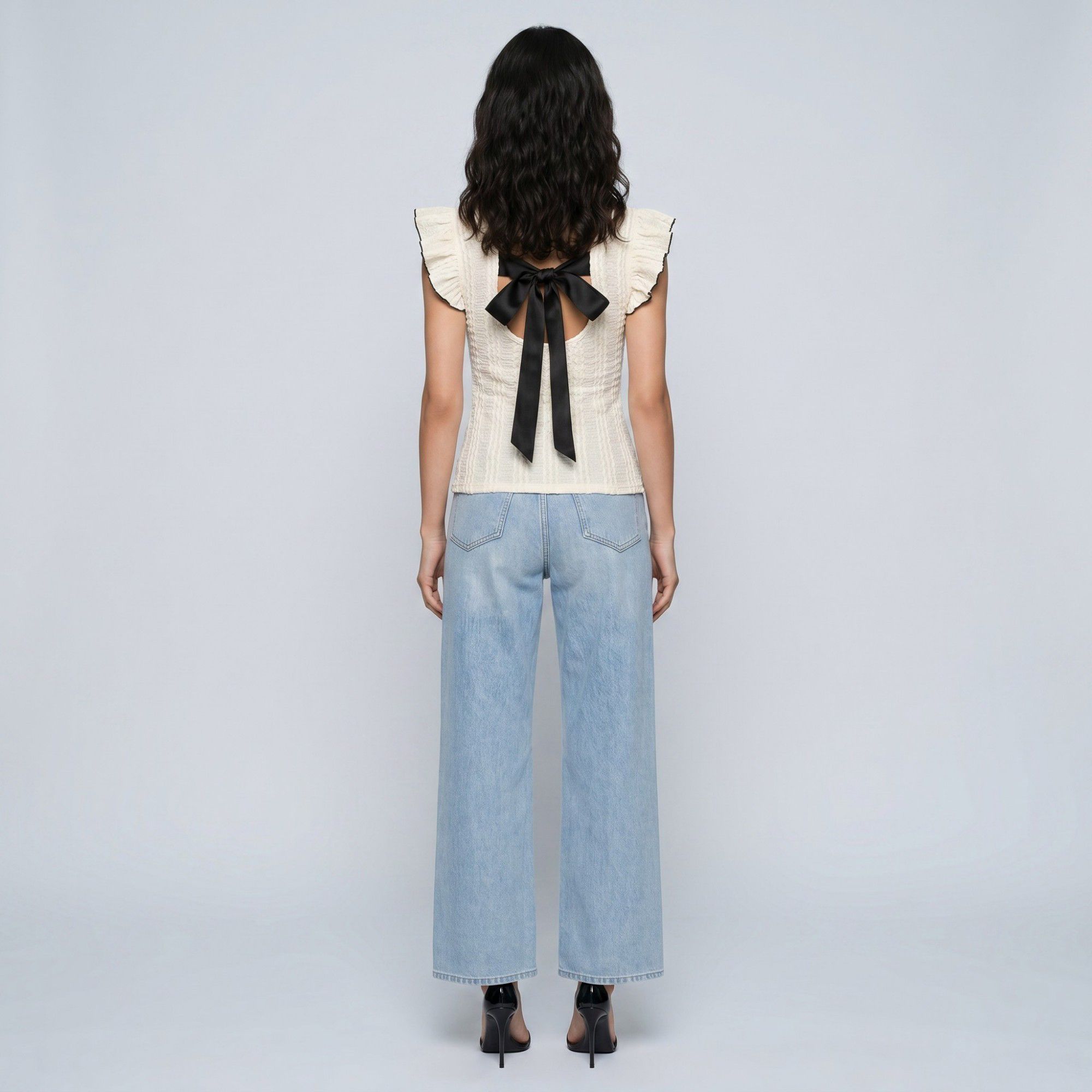Textured Flutter Sleeve Crewneck Top with Open Back Black Bow Tie
