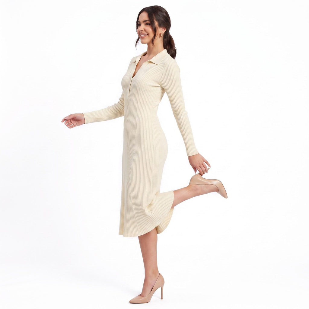 Ribbed Polo Midi Dress Long Sleeve Collared Button Placket Knit Dress