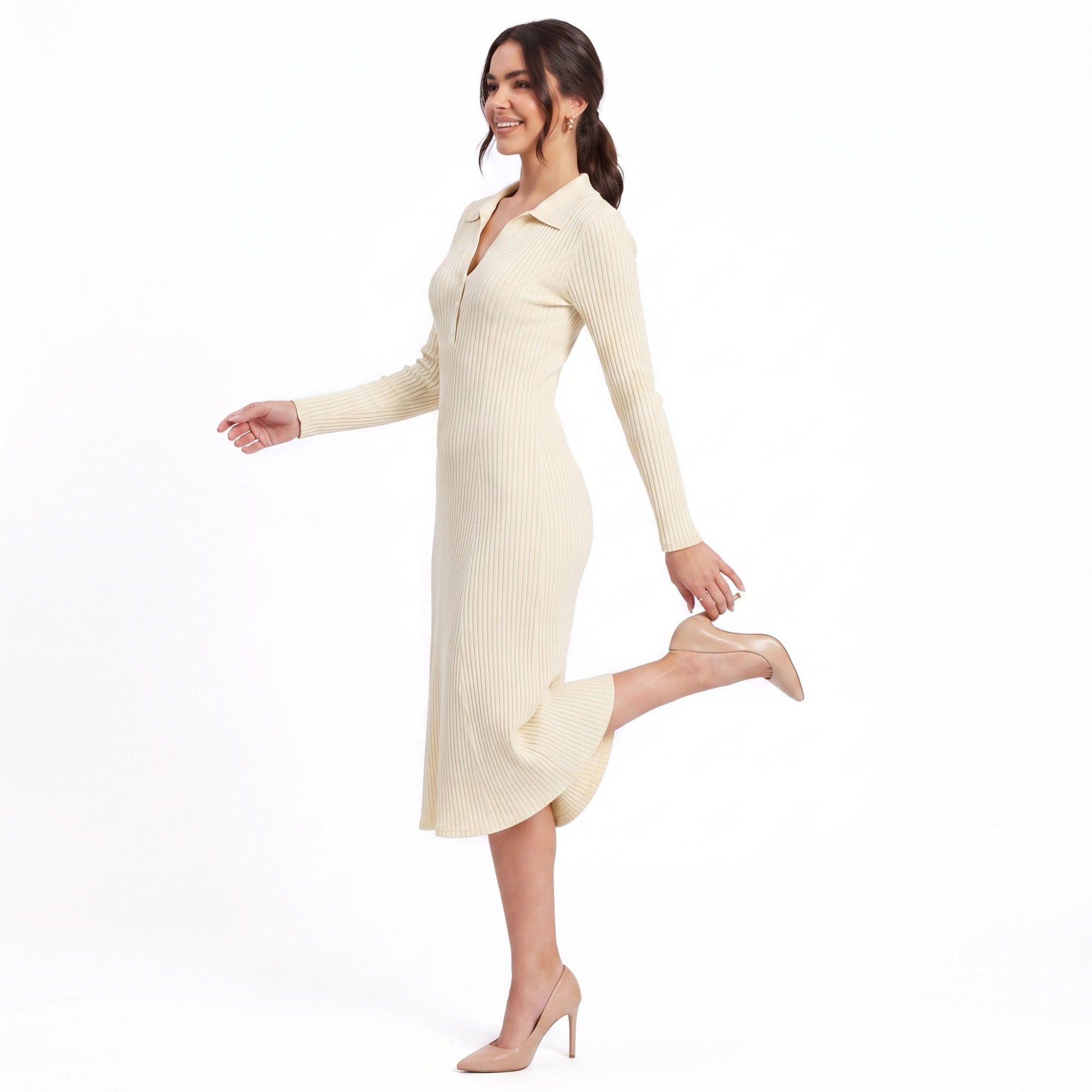 Ribbed Polo Midi Dress Long Sleeve Collared Button Placket Knit Dress