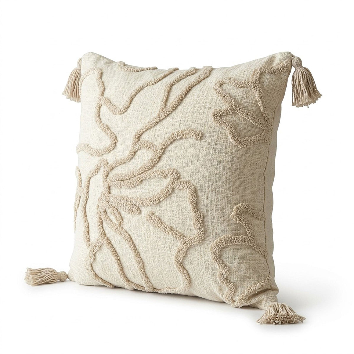 Tufted Abstract Floral Decorative Throw Pillow Cover with Corner Tassels 17.7 x 17.7in