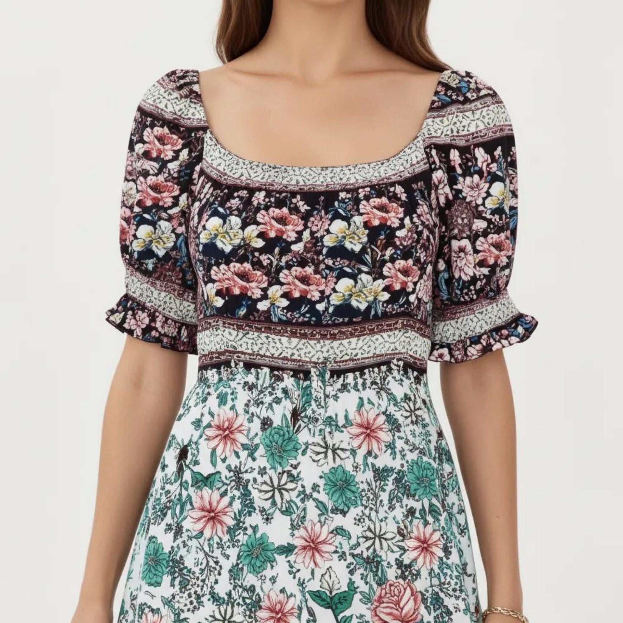 Anna-Kaci Women's Puff Sleeve Maxi Dress with Mixed Floral Print and Border Hem