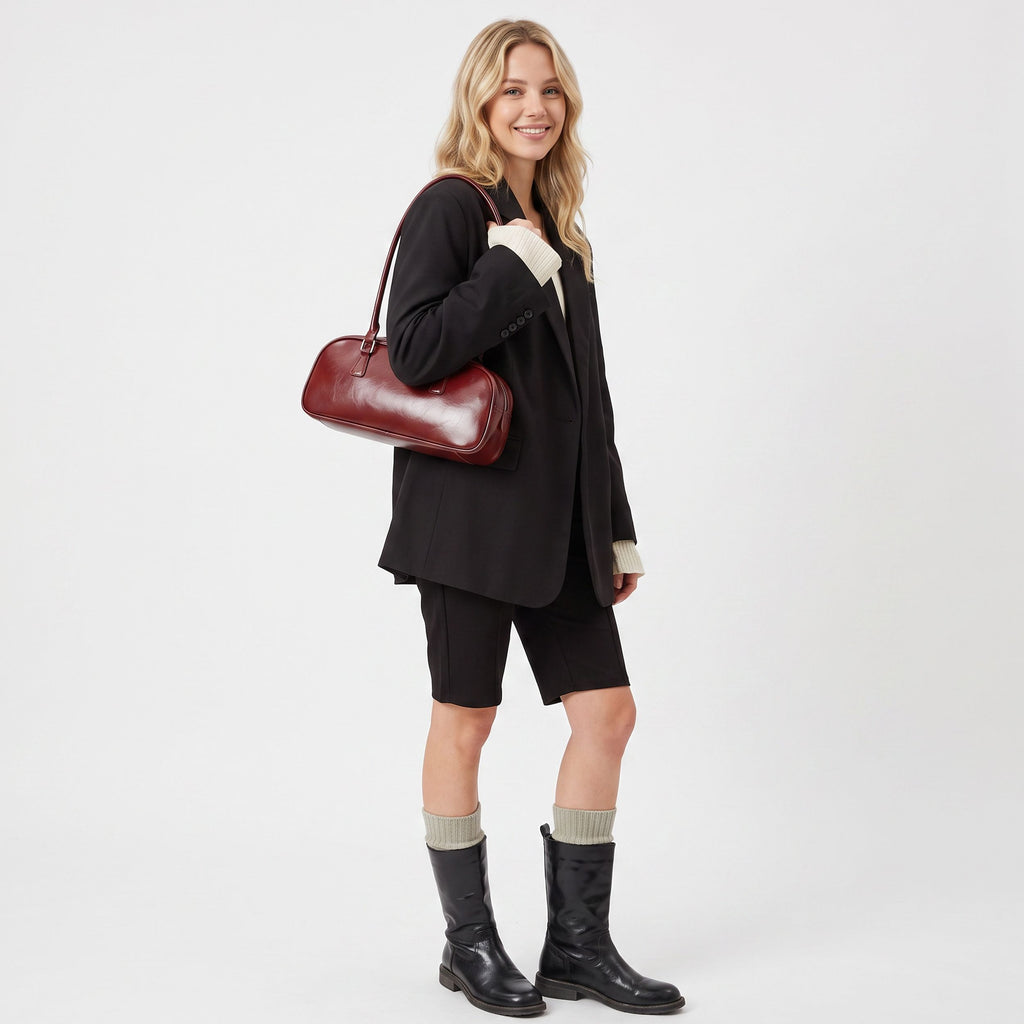 East West Faux Leather Bowler Shoulder Bag with Double Handles and Zip Closure