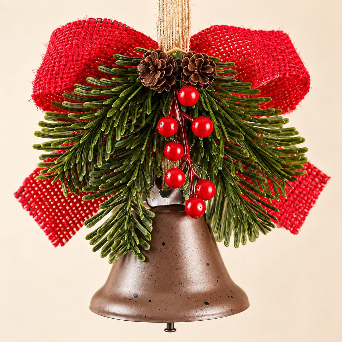 Christmas Bell Ornament with Bow Pinecones Berries and Greenery