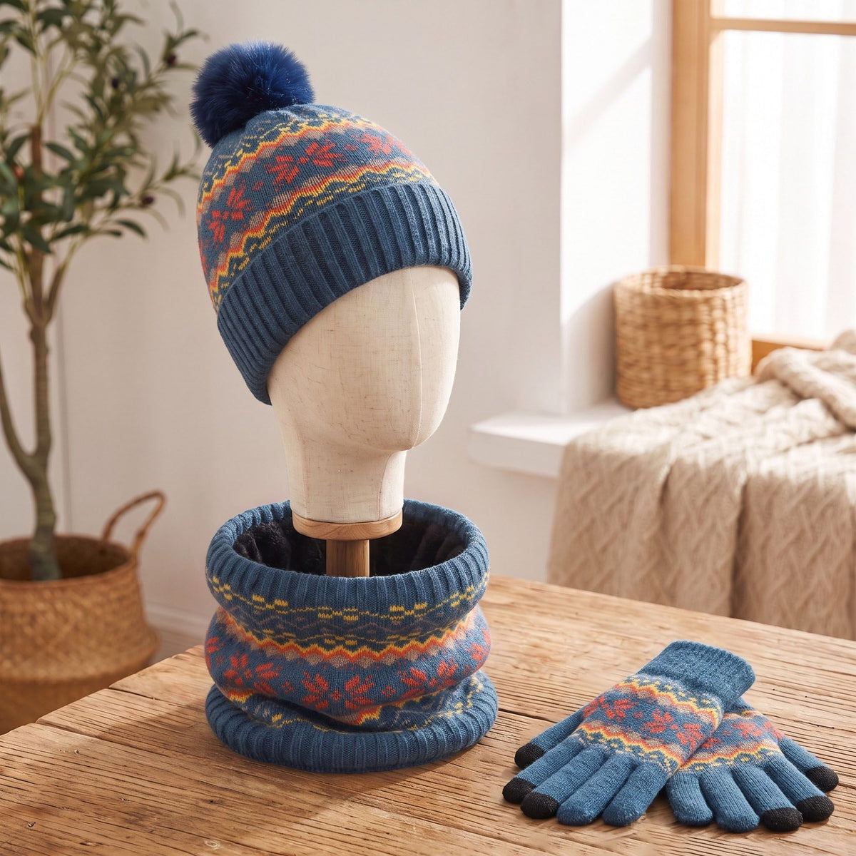 3 Piece Fair Isle Pom Beanie Neck Warmer and Gloves Set