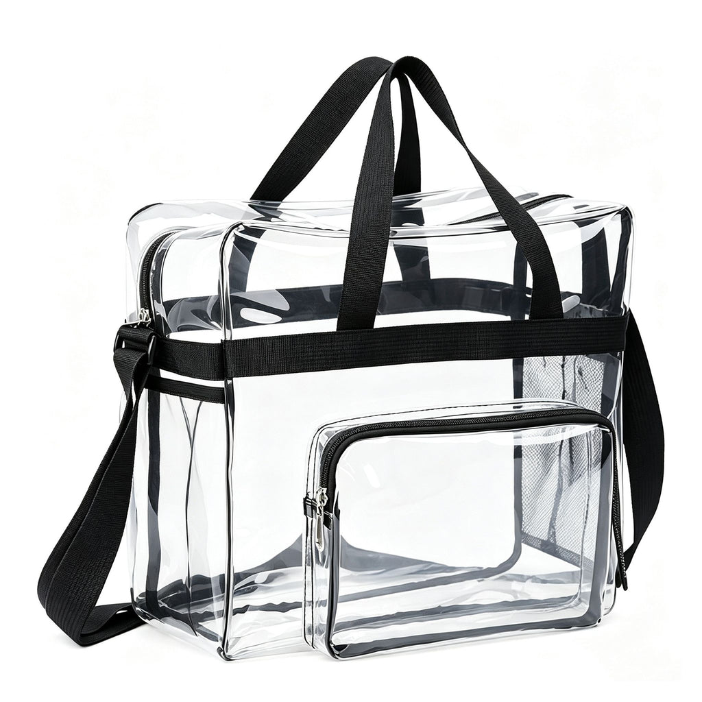 Clear Tote Bag with Exterior Mesh Pockets, Double Top Handles and Removable Adjustable Shoulder Strap