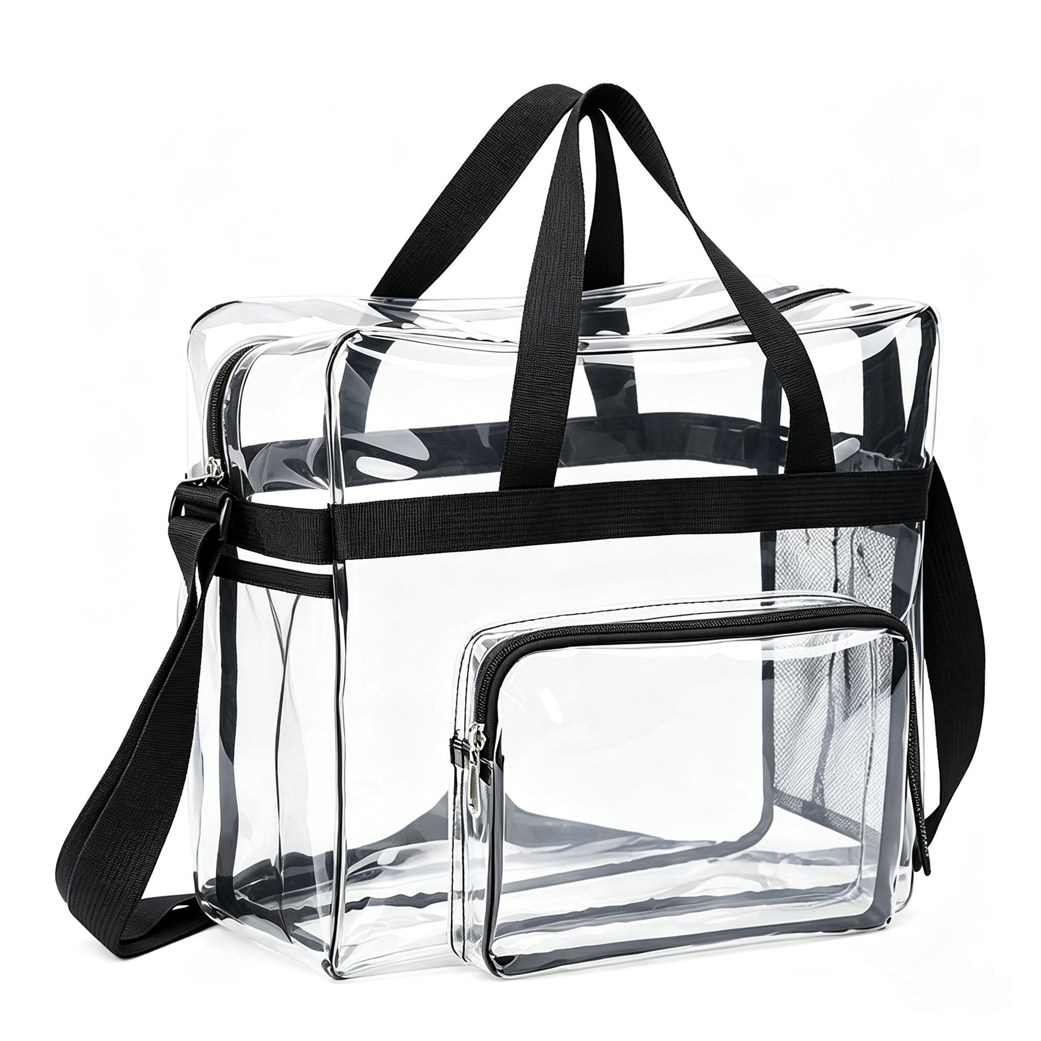 Clear Tote Bag with Exterior Mesh Pockets, Double Top Handles and Removable Adjustable Shoulder Strap
