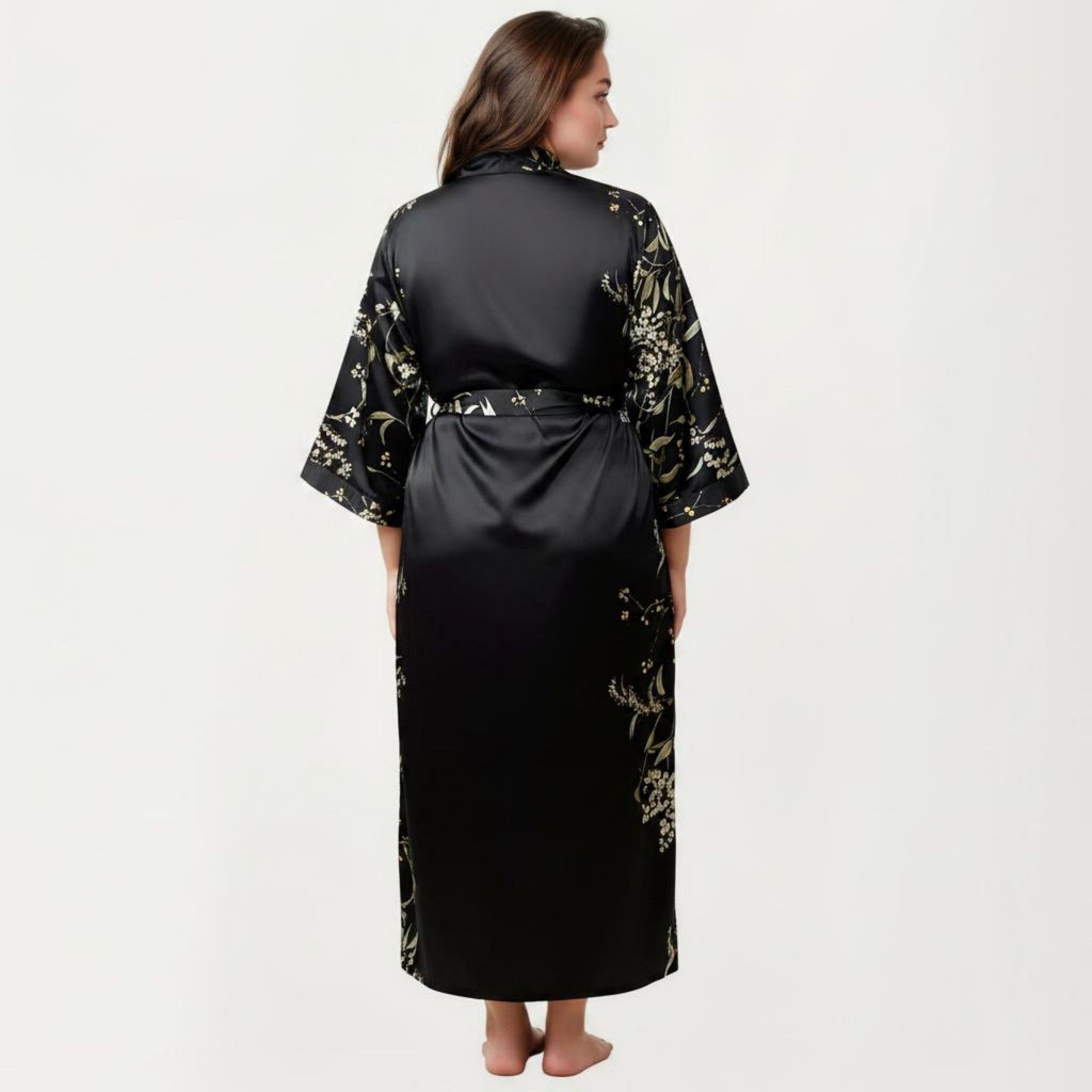 Anna-Kaci Lounge Women's Plus Size Satin Floral Kimono Robe with Self Tie Belt Longline Open Front Lightweight Sleepwear