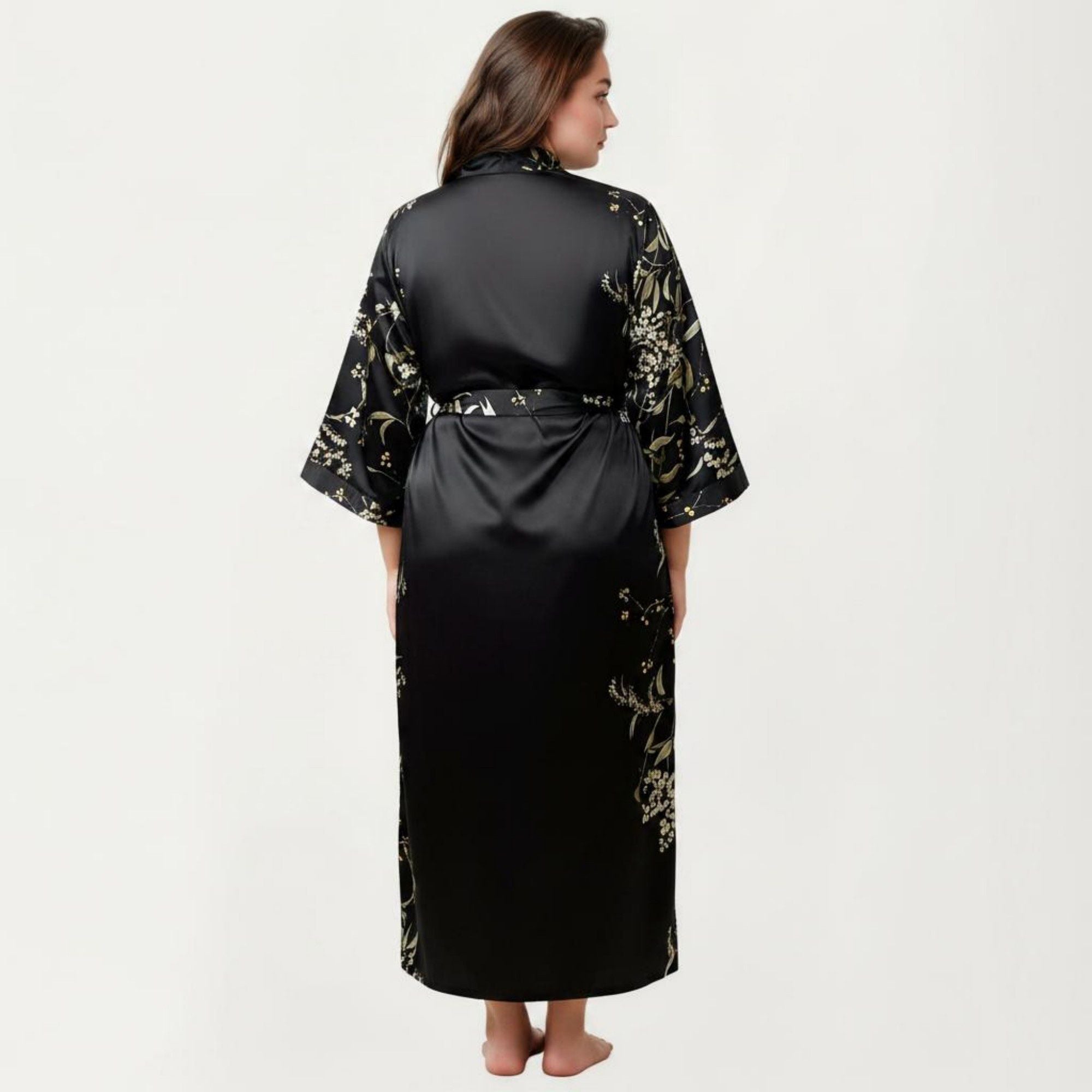 Anna-Kaci Lounge Women's Plus Size Satin Floral Kimono Robe with Self Tie Belt Longline Open Front Lightweight Sleepwear