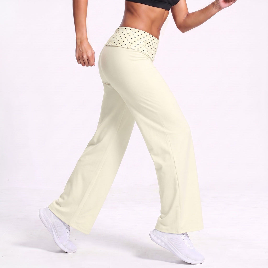 Polka Dot Foldover Waist Wide Leg Yoga Pants Full Length Flowy Workout Trousers