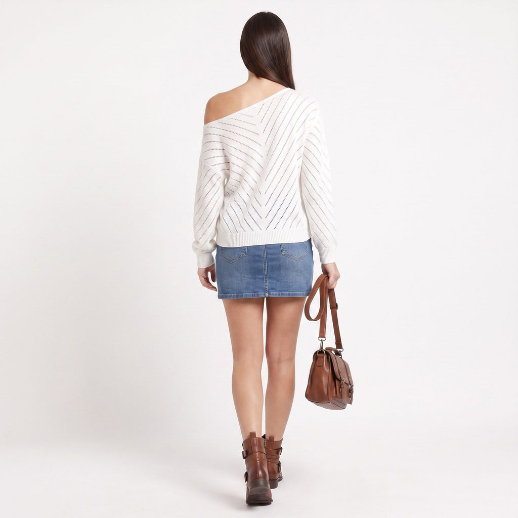 Chevron Pointelle V-Neck Long Sleeve Knit Sweater