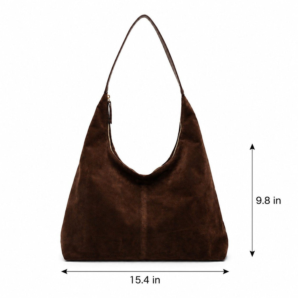 Slouchy Faux Suede Hobo Shoulder Bag with Zip Closure and Wide Strap