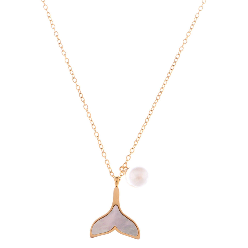 Gold Tone Mermaid Tail Fashion Necklace with Pearl Accent and Mother of Pearl Inlay