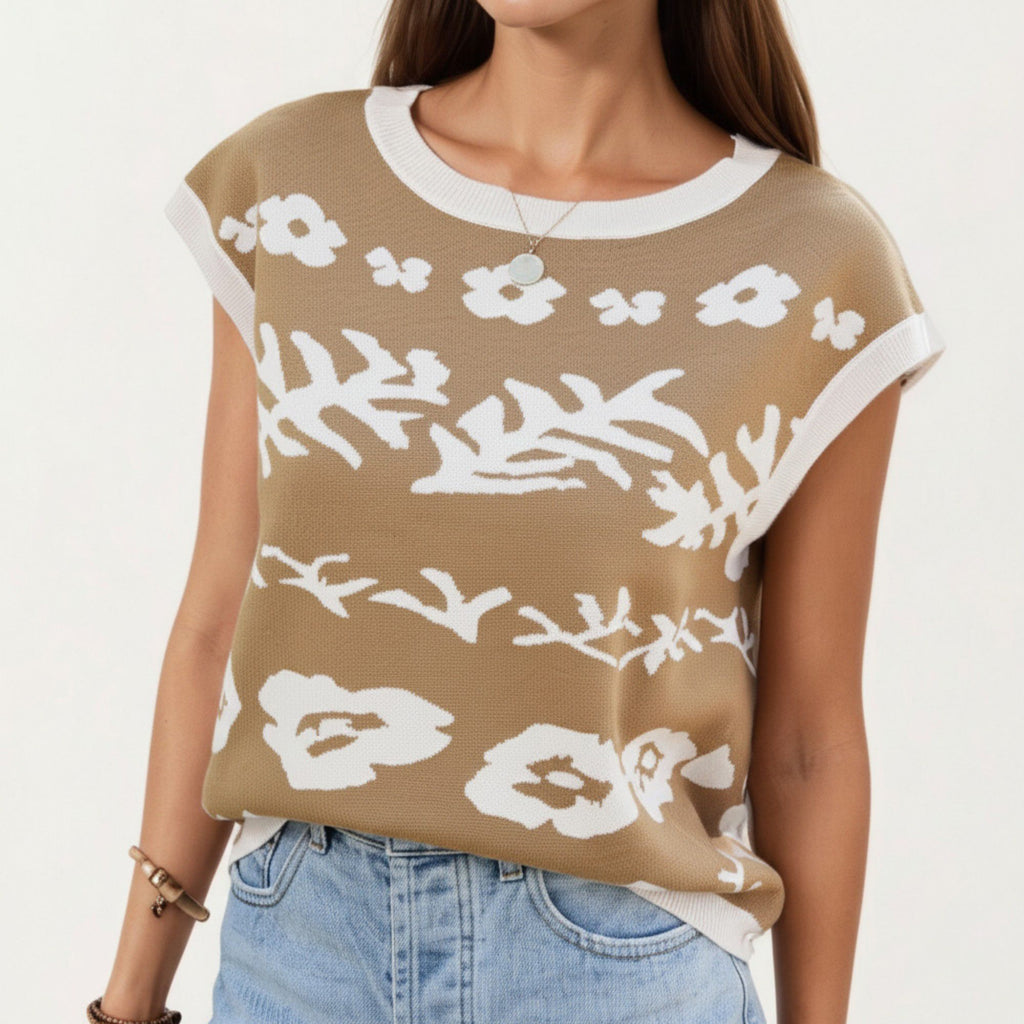Anna-Kaci Women's Sleeveless Floral Knit Vest Top with Crew Neck and Contrast Trim