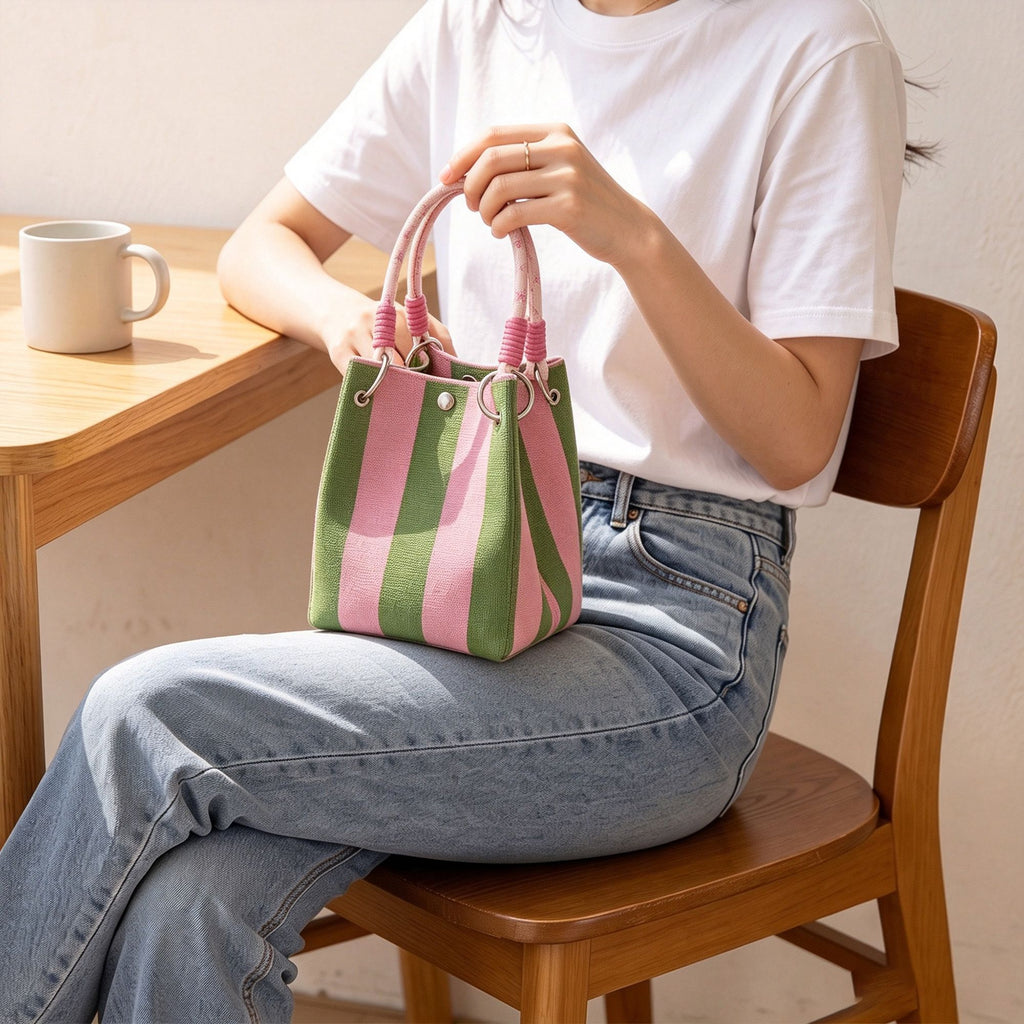 Small Striped Knit Bucket Bag with Rope Handles and Snap Closure