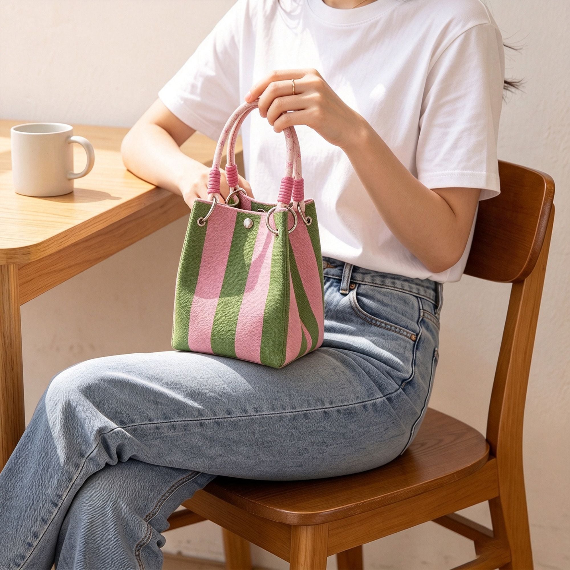 Small Striped Knit Bucket Bag with Rope Handles and Snap Closure