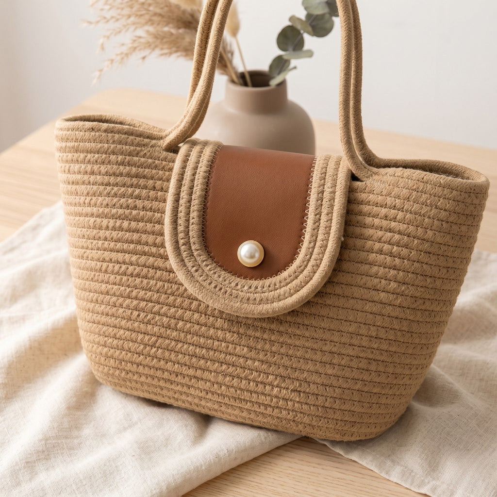 Woven Rope Tote Bag with Flap Cover Pearl Button Large Capacity Shoulder Carryall