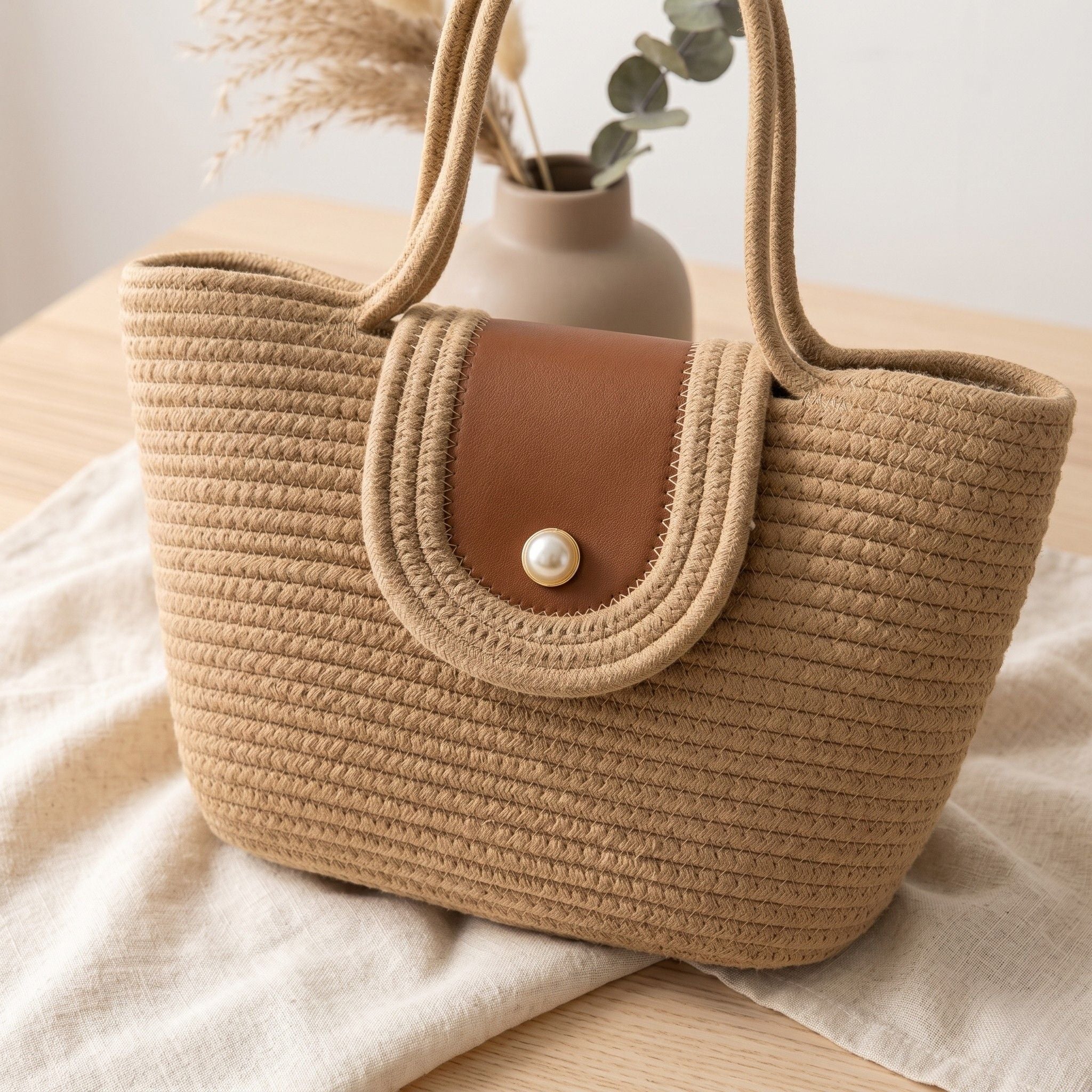 Woven Rope Tote Bag with Flap Cover Pearl Button Large Capacity Shoulder Carryall