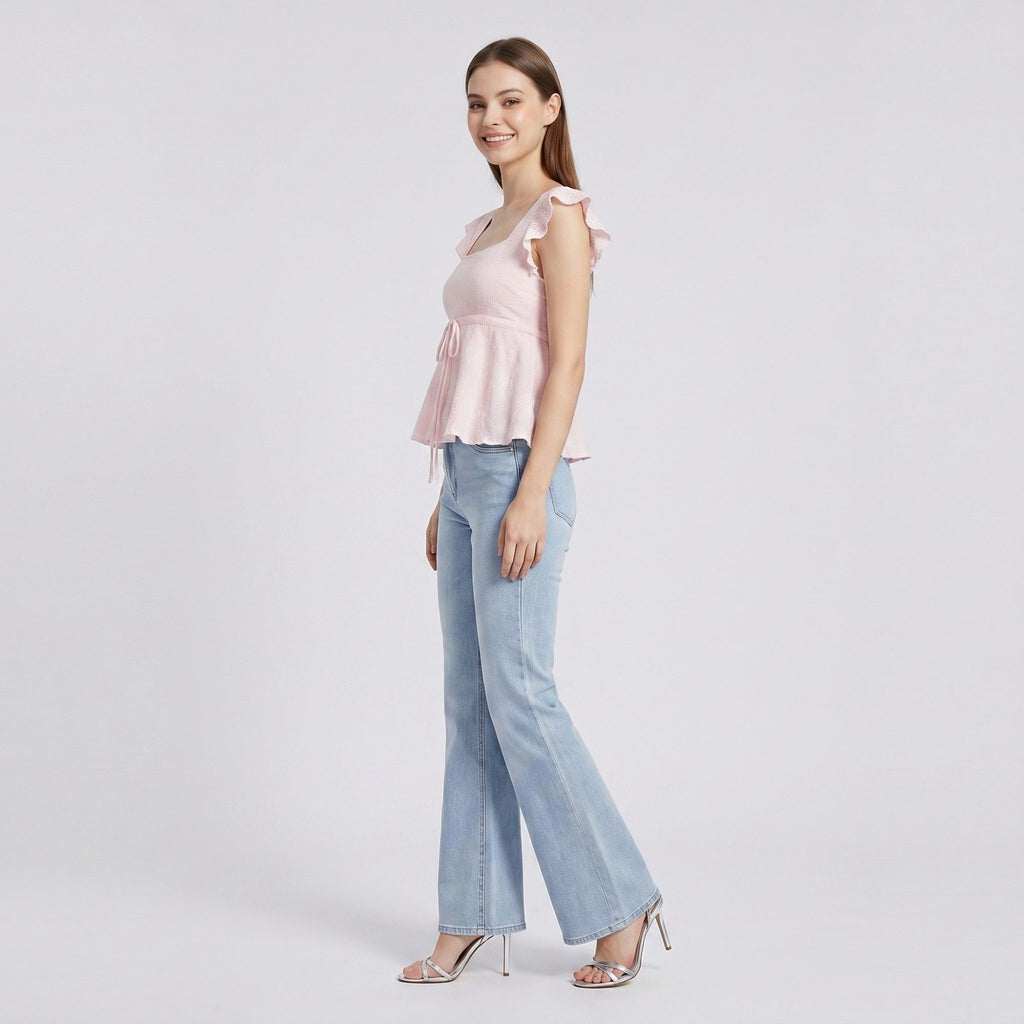Anna-Kaci Womens Square Neck Peplum Top with Ruffle Cap Sleeves Front Tie Detail and Textured Fabric