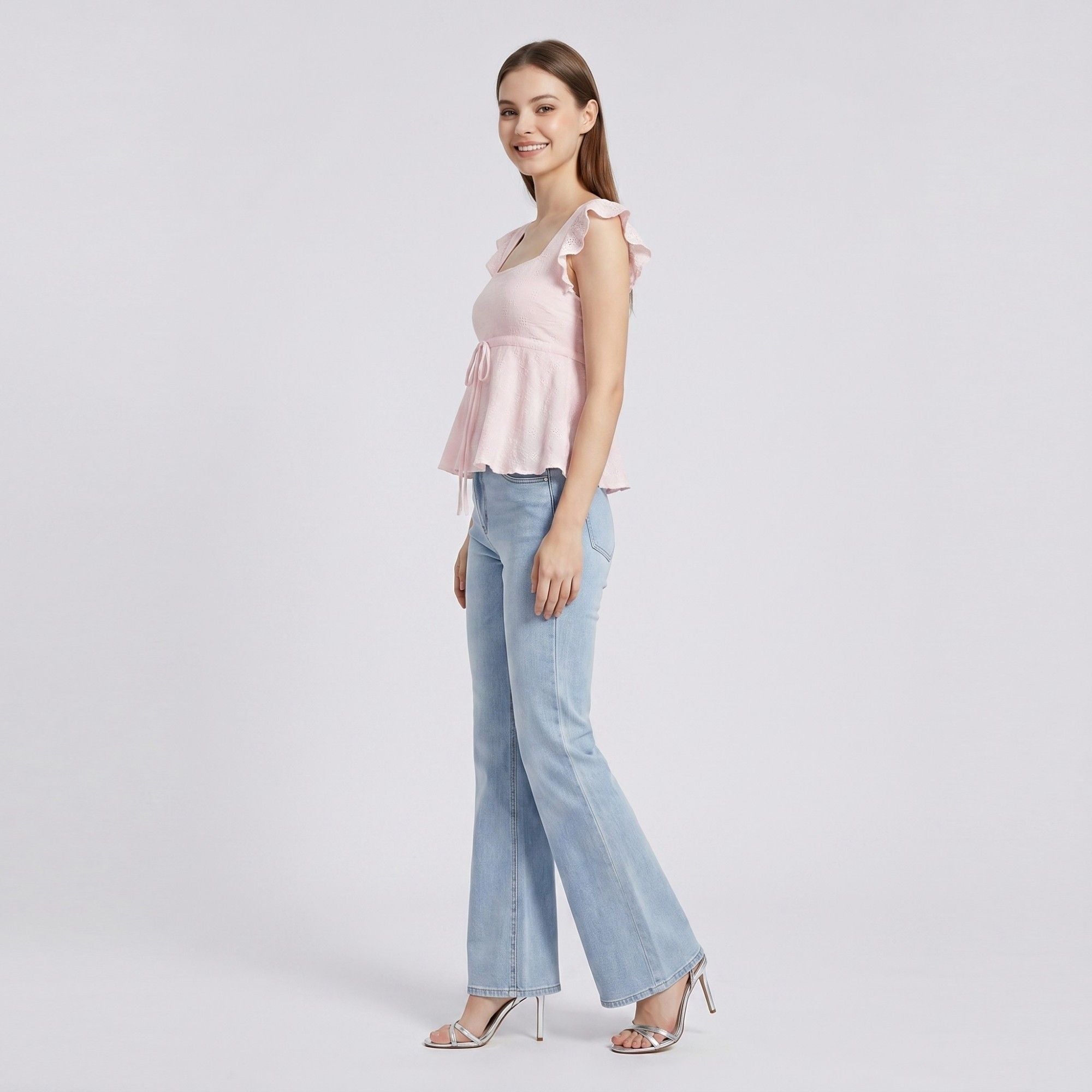 Anna-Kaci Womens Square Neck Peplum Top with Ruffle Cap Sleeves Front Tie Detail and Textured Fabric