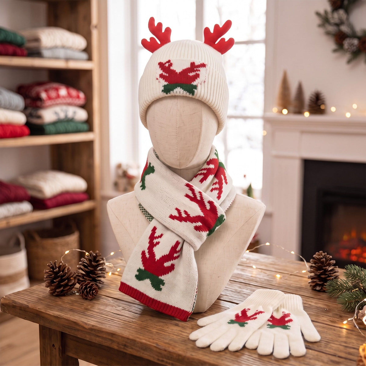 3 Piece Christmas Reindeer Antler Beanie Scarf and Gloves Set