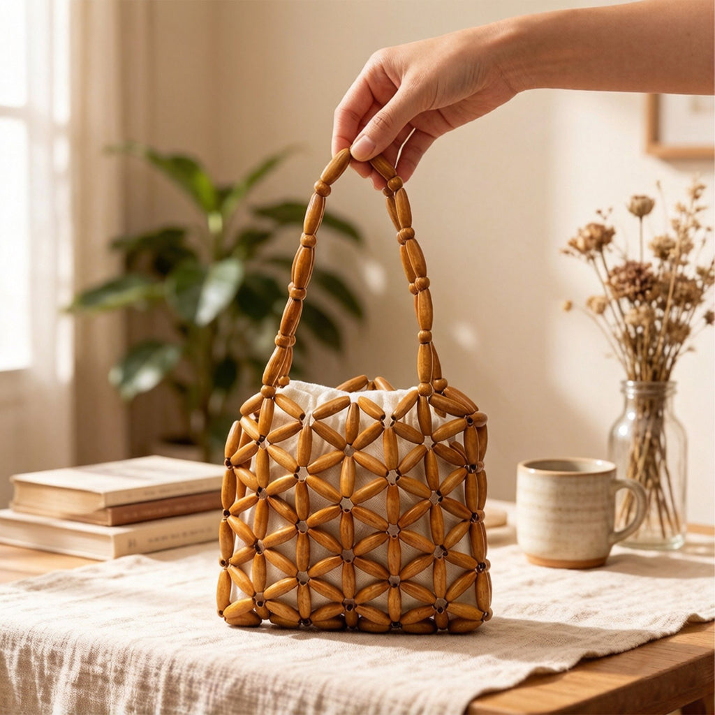Wooden Beaded Tote Bag Structured Geometric Design with Inner Pouch Open Weave Shoulder Handbag