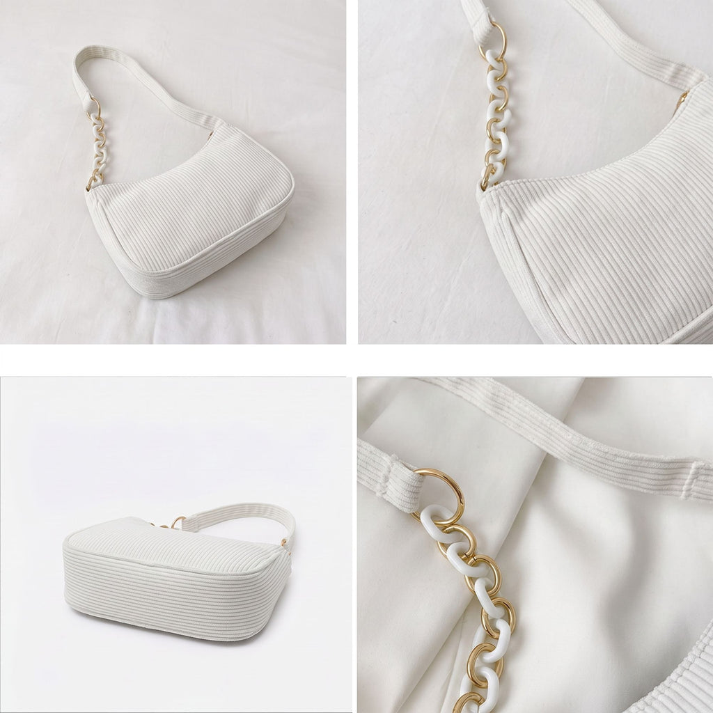 Small Corduroy Shoulder Bag with Mixed Chain Strap and Zip Closure